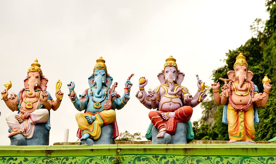 four, ganesha statues, daytime, hindu, malaysia, asia, temple, religion, tourism, travel