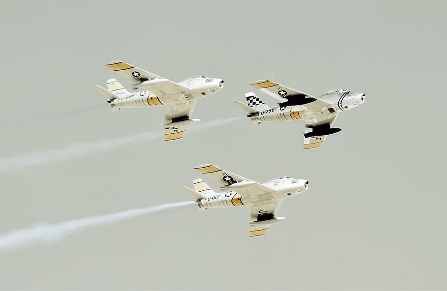 three, white, yellow, planes, united states, air force, jets, aircraft, fighter, sky