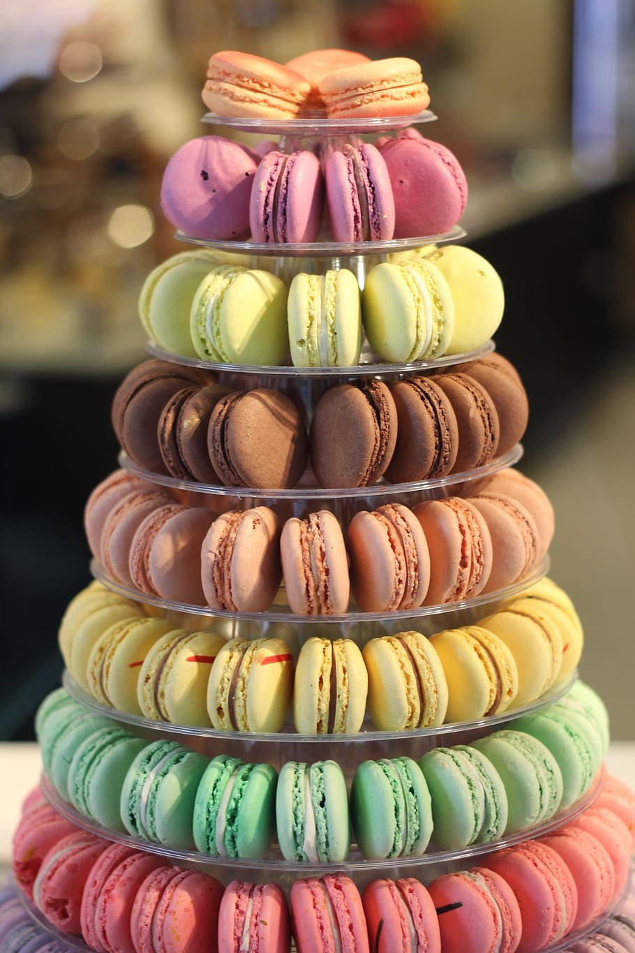 assorted-color, macarons, clear, glass 8- tier tray, 8-tier, colorful, french, bakery, macaroons, dessert