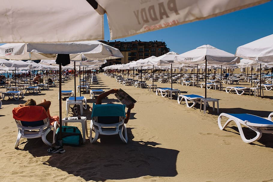 espreguiçadeiras, ensolarado, praia, guarda-chuvas, lounge, cadeiras, Sunny Beach, Bulgária, oceano, areia
