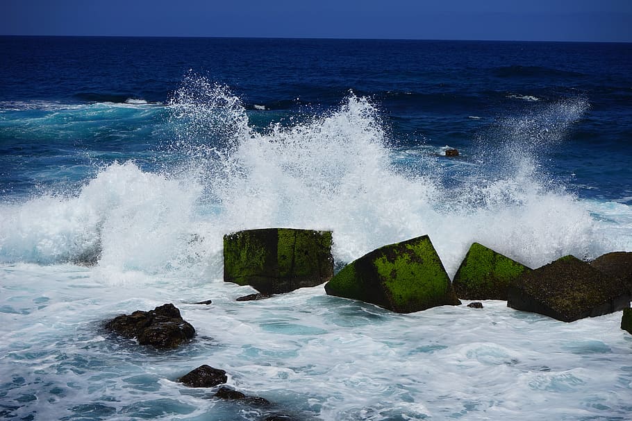 Pemecah gelombang, Gelombang, Laut, Lautan, Air, semprot, menyuntikkan, batu, blok, blok batu
