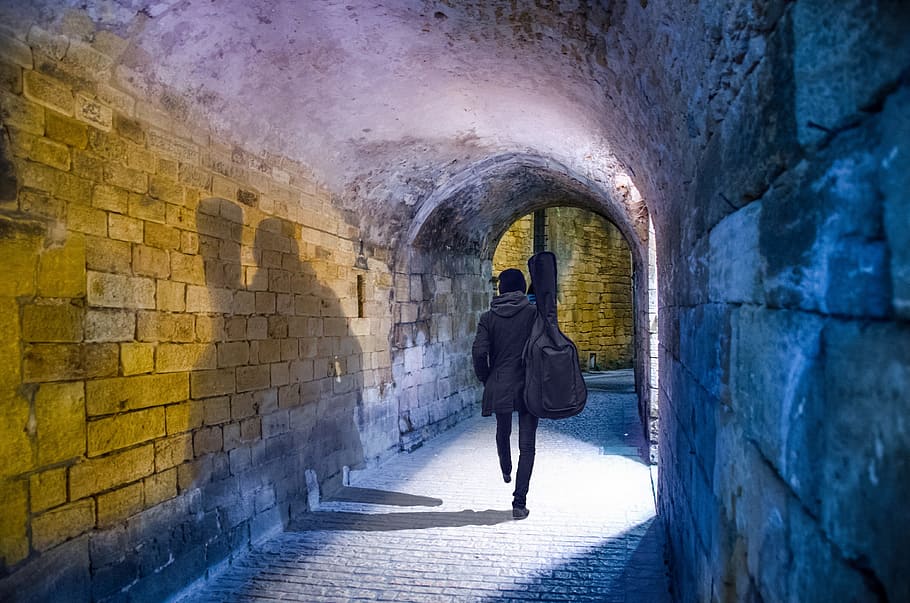 person, walking, tunnel wallpaper, tunnel, architecture, wall, people, light, street, stone