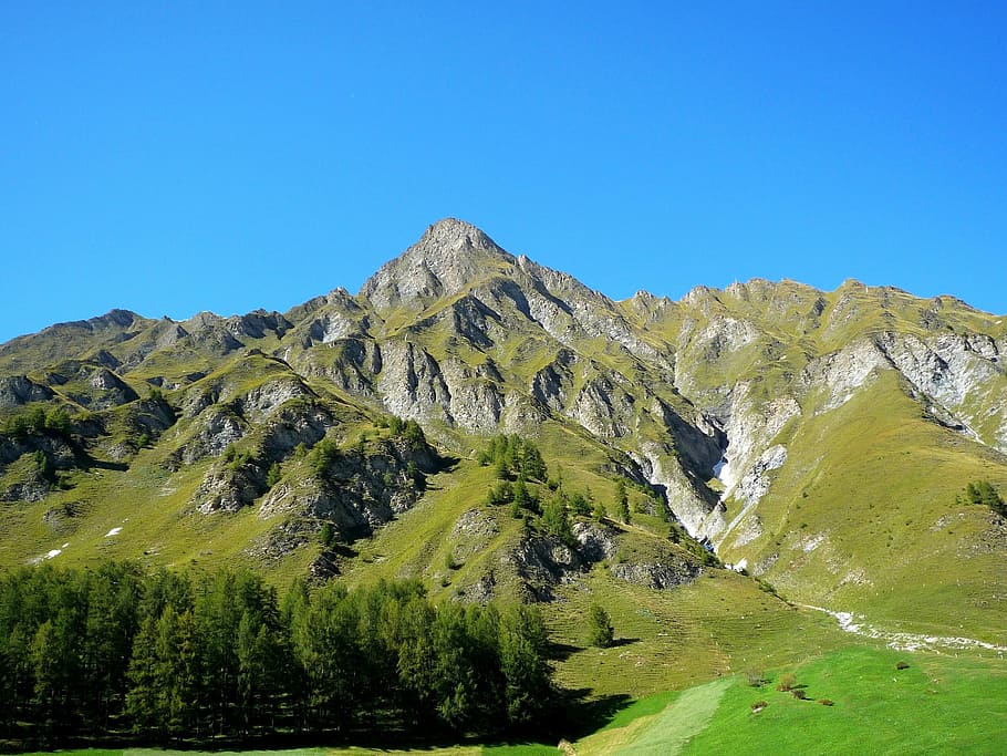 verde, coberto de grama, montanha, claro, céu, suíça, paisagem, cênico, montanhas, vale