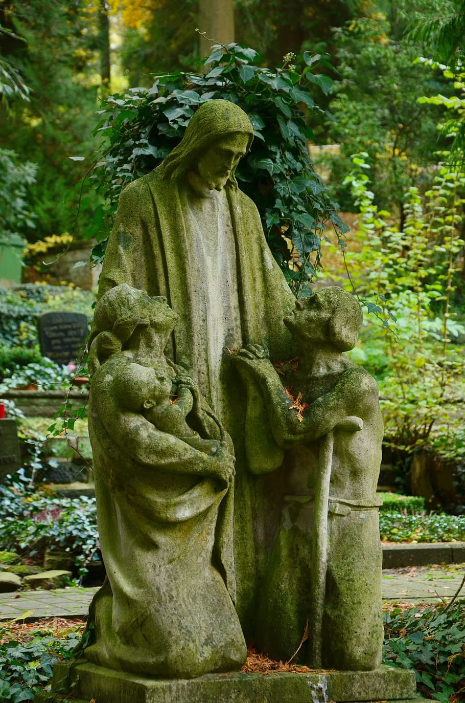 sculpture, stone figure, christ, mercy, consolation, figure, cemetery, green, mourning, hope