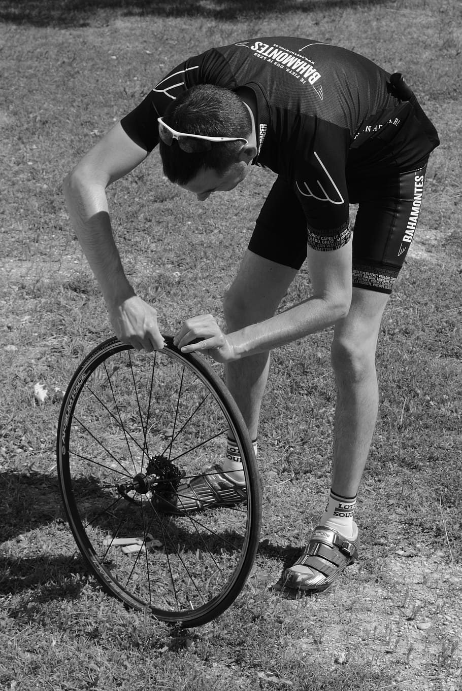 bad luck, professional road bicycle racer, flat tire, repair, wheel, bicycle wheel, black And White, men, sport, people