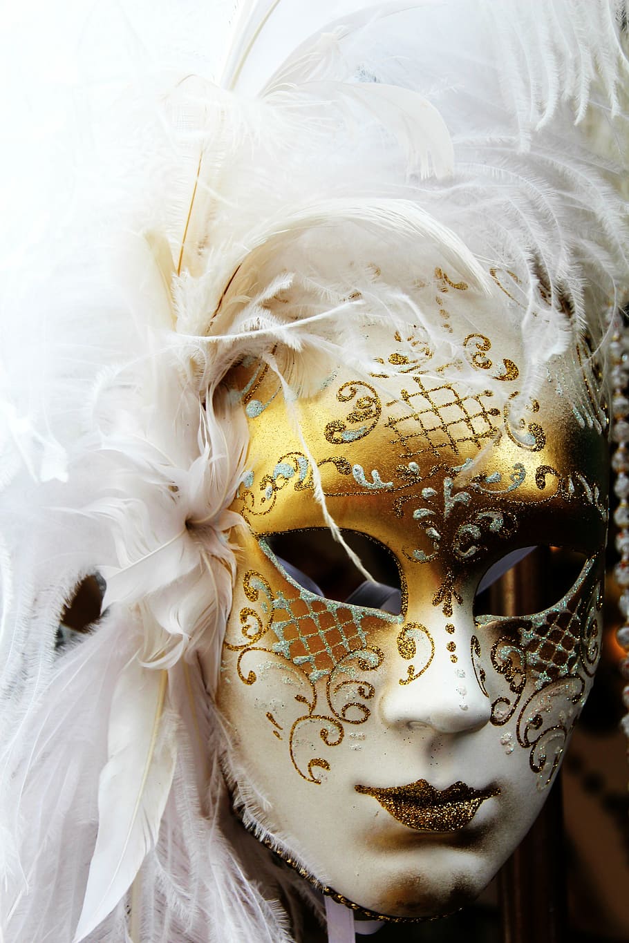 person, wearing, white, gold, glittered, cocktail mask, mask, venice, carnival, venice - Italy