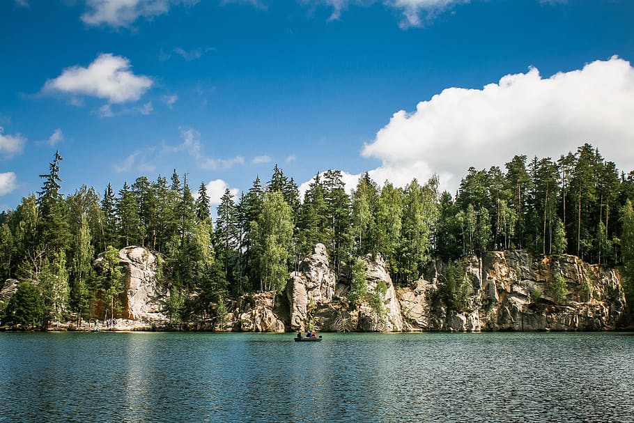 wooden, raft, water, forest, adrspach-teplice rocks, czech republic, horizon, wild, outdoors, landscape