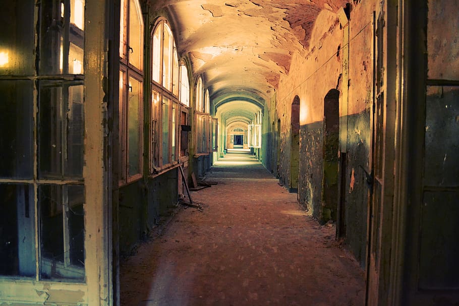 hallway, abandoned, building, corridor, old, run-down, indoors, empty, house, ruined
