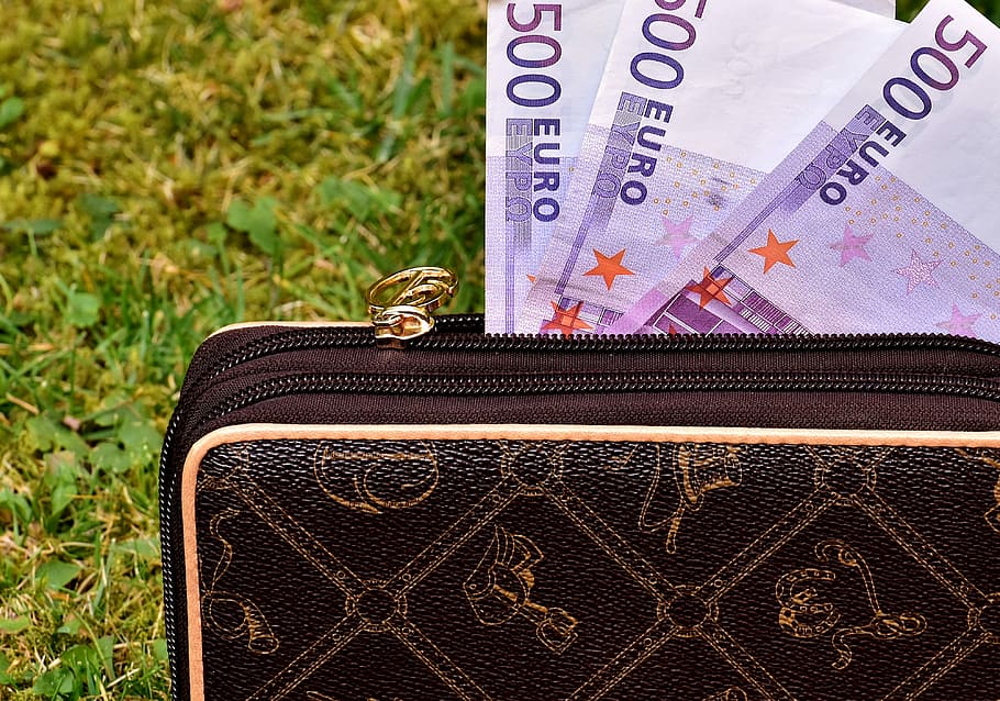 monogrammed, black, brown, leather, long, wallet, opened, three, 500 euro banknotes, Purse