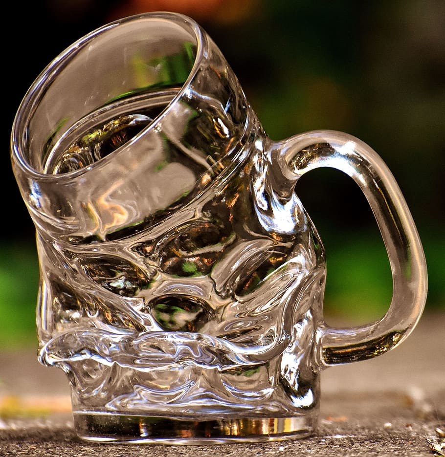 clear, cut, glass mug, melted, ground, beer glass, bent, funny, beer mug, drink