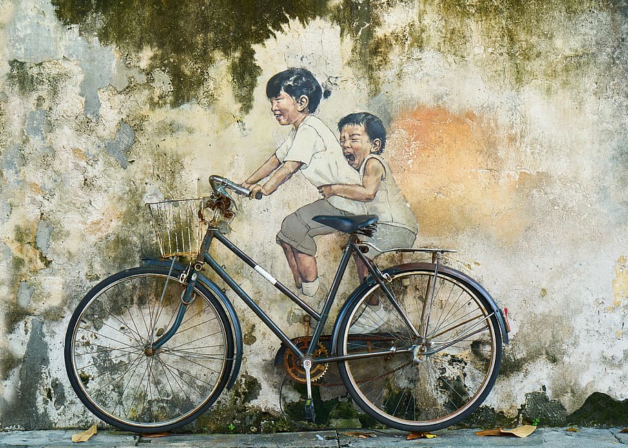 children, riding, bicycle painting, bicycle, rides, child, graffiti, art, artist, paint