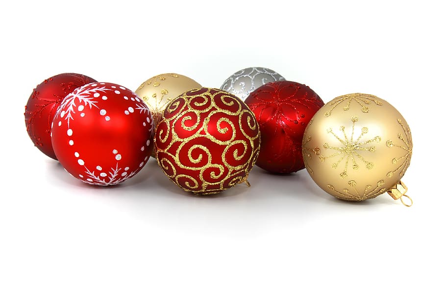 vermelho, ouro, bugiganga de prata, prata, bugiganga, bolas, bugigangas, celebração, natal, decoração