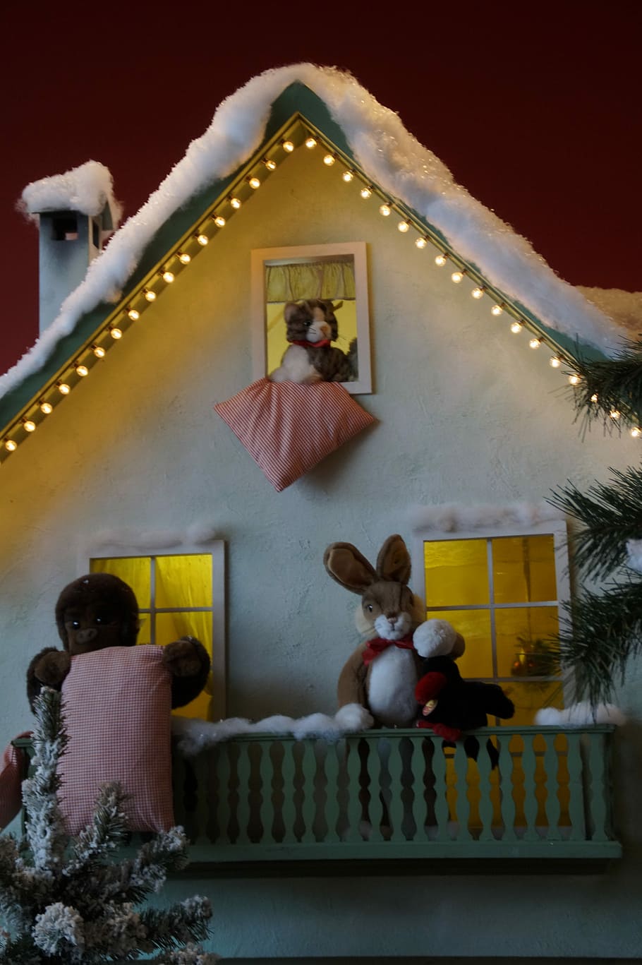 Invierno, hogar, iluminado, iluminación, navidad, lichterkette, juguetes, niños, peluche, oso de peluche