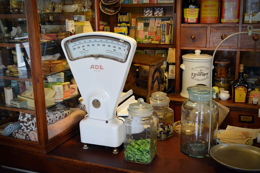 white, analog scale, clear, glass mason jars, old scale, load tresen, sale shelf, container, bottle, indoors