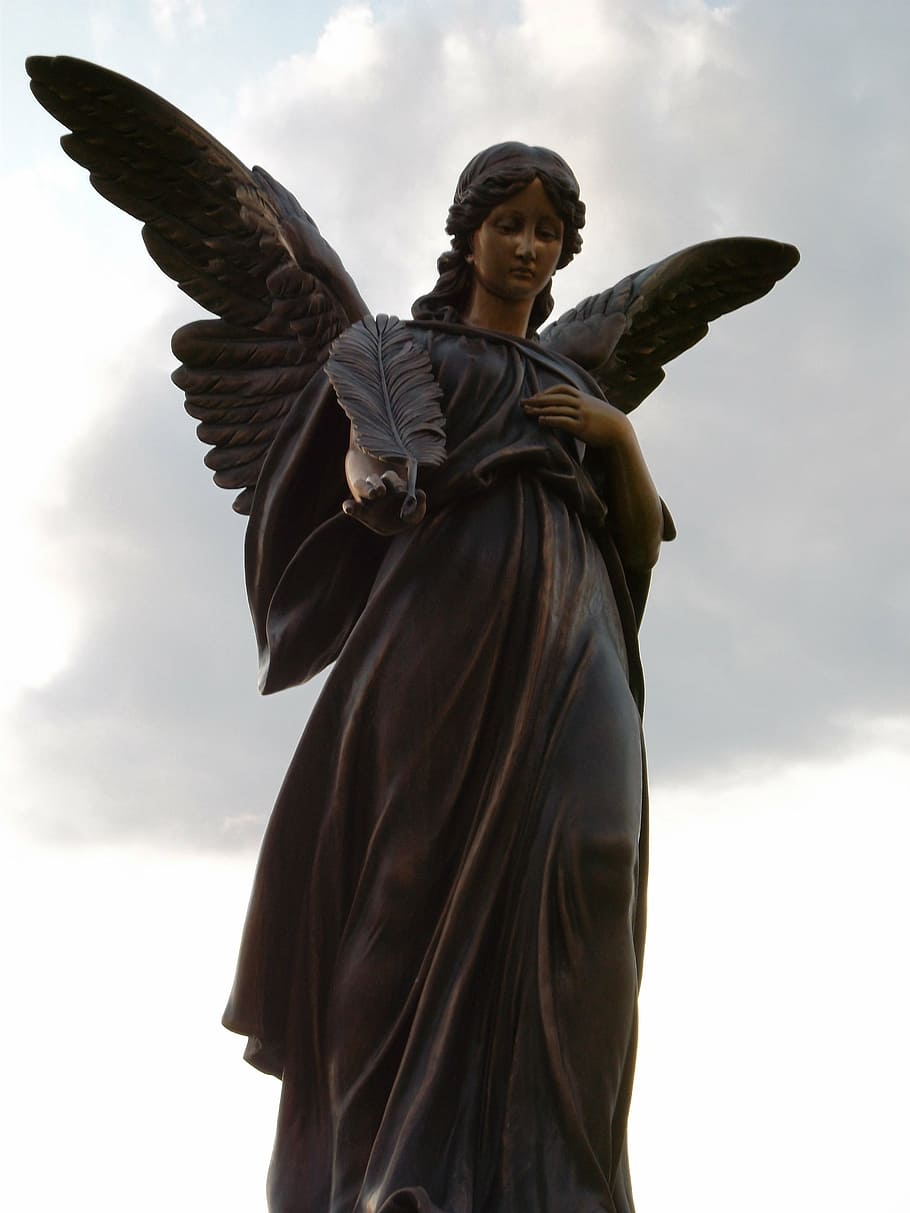 black, female, angel statue, cloudy, sky, daytime, statue, angel, sculpture, religion