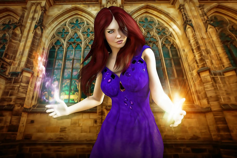 wearing, purple, dress, front, brown, cathedral, Witch, Sorcerer, Woman, Female