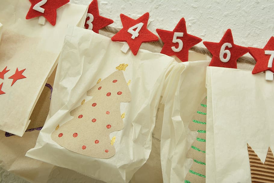 paper, numbers, hanging, front, white, surface, advent calendar, made, packed, advent