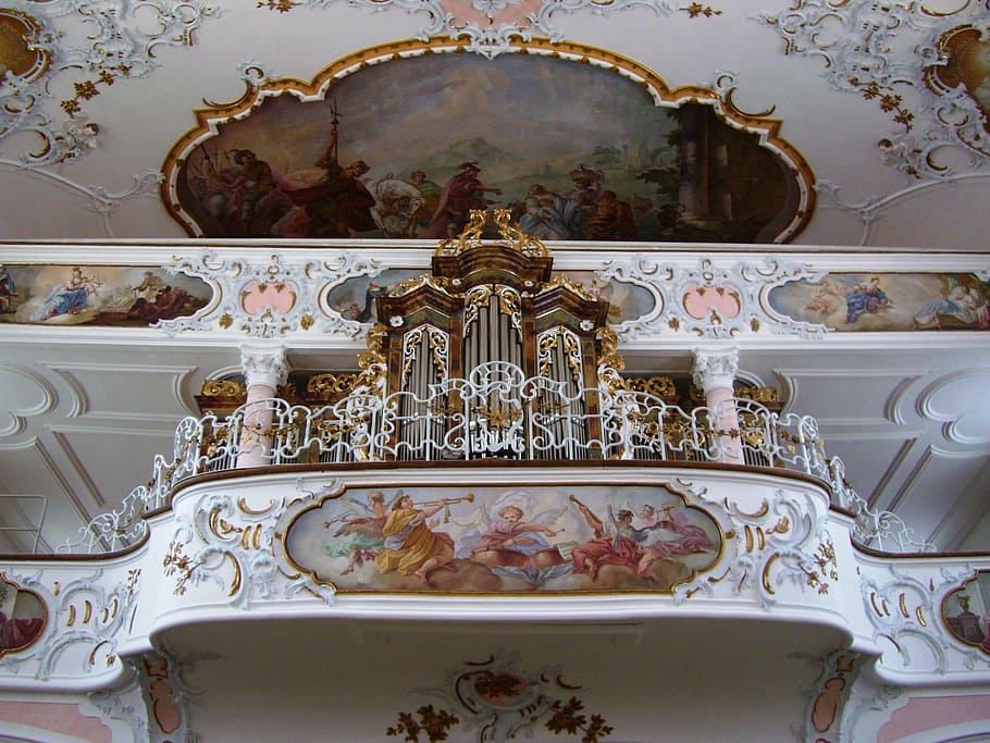 rococo, organ, gallery, parish church st ulrich, seeg, allgäu, indoors, art and craft, architecture, built structure