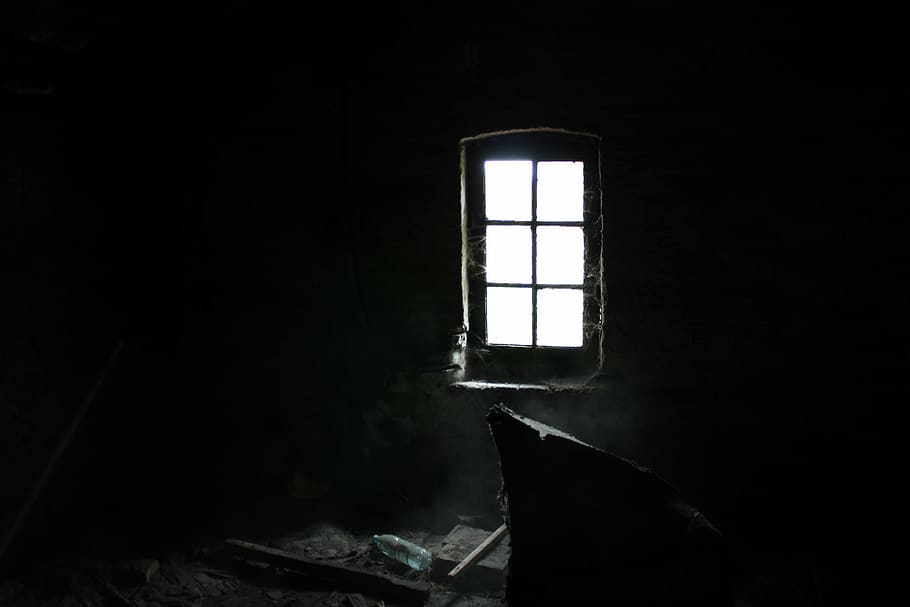 house window, window, dark, attic, dust, cobweb, gloomily, light, indoors, abandoned
