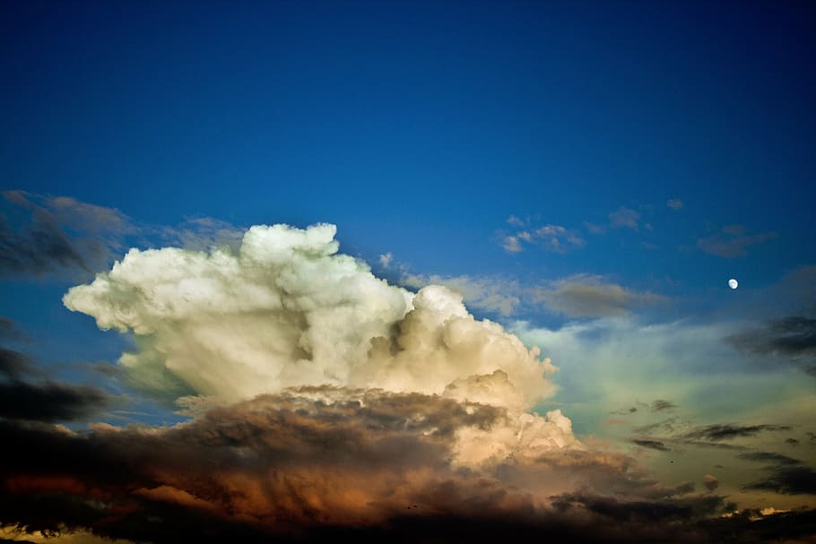 clouds during sunset, low, angle, white, greyish, clouds, daytime, sunset, sky, moon