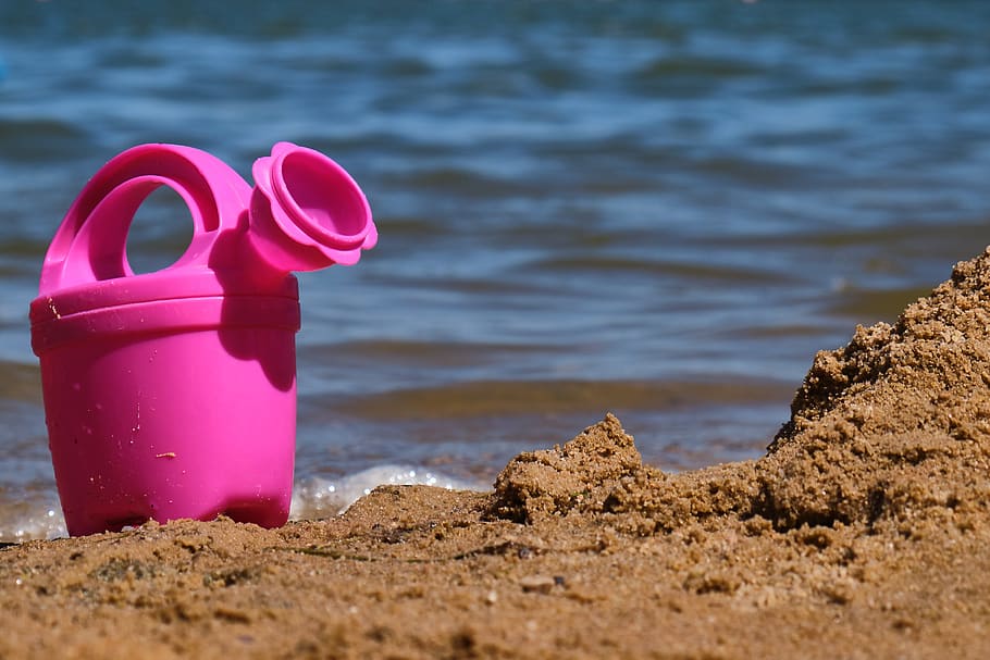 toys, sea, children, beach, vacations, summer, sand, water, watering can, pink