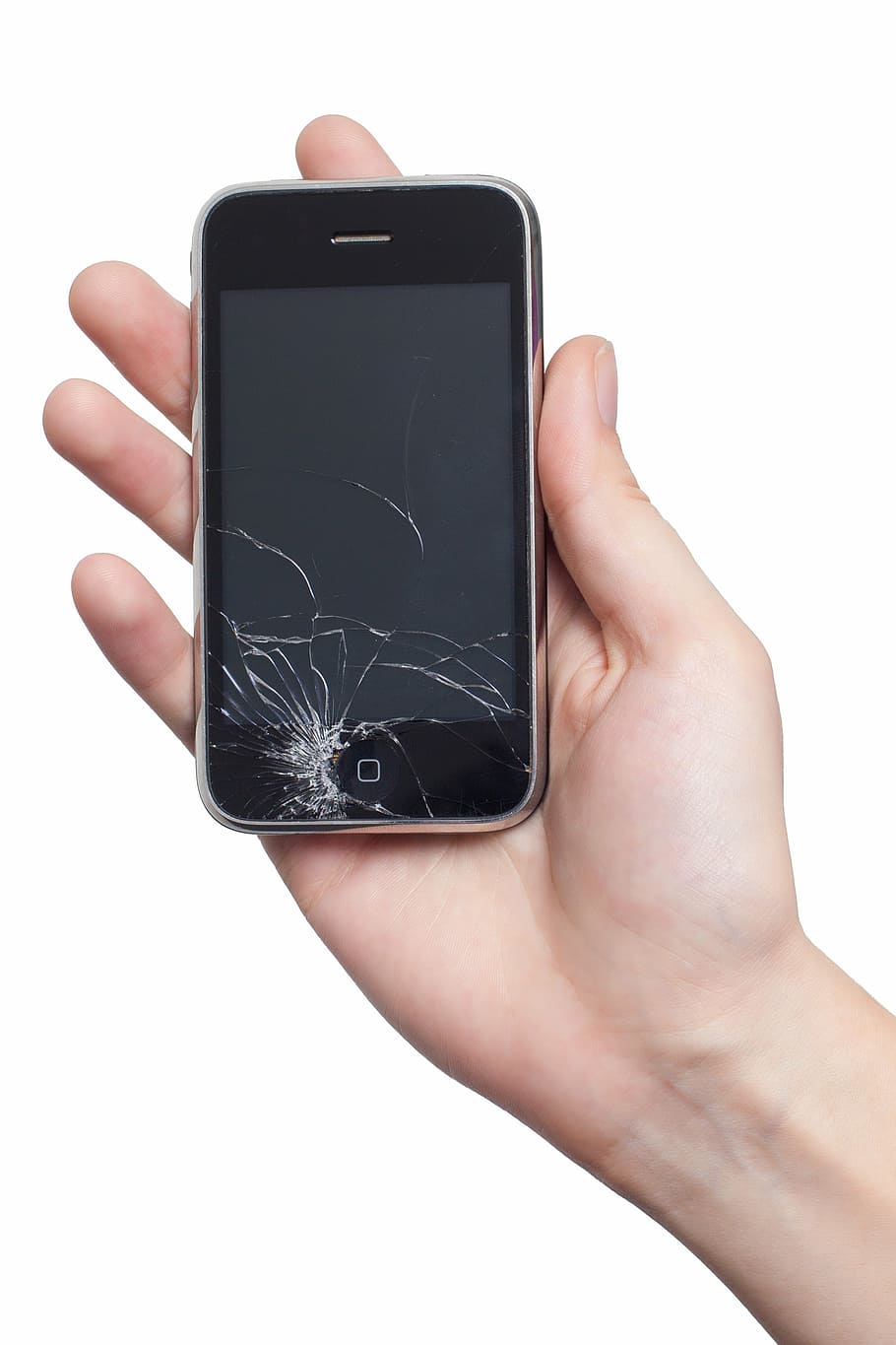 cracked silver ipod, iphone, apple, display, damage, smartphone, screen, mobile Phone, telephone, human Hand