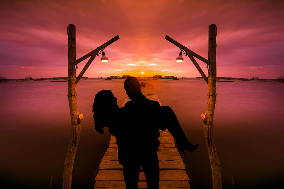 silhouette, man, carrying, woman, dock, water, face to face, valentine's, love, traveling