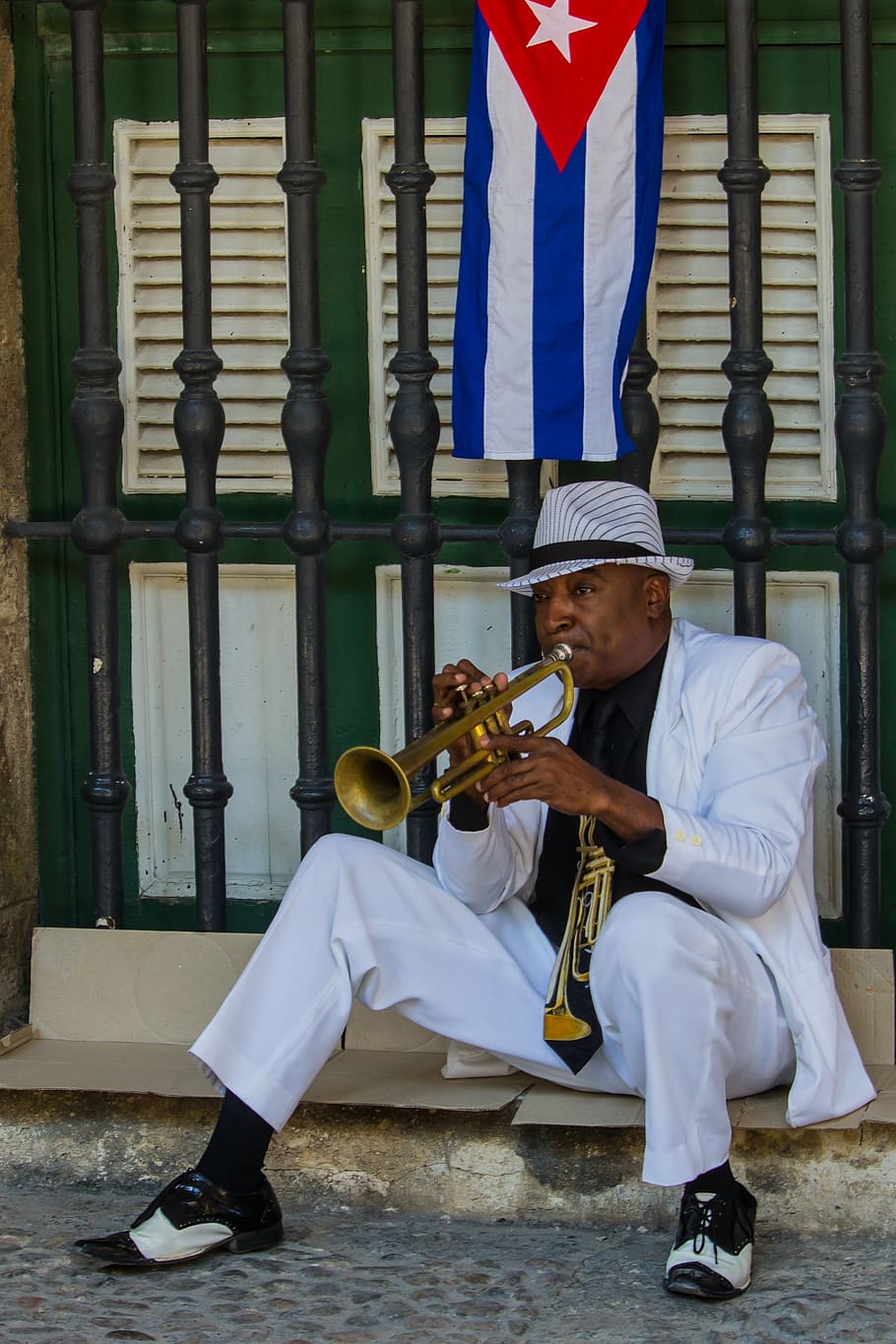man, playing, trumpet, cuba mini flag, musician, music, jazz, sound, performance, trumpeter
