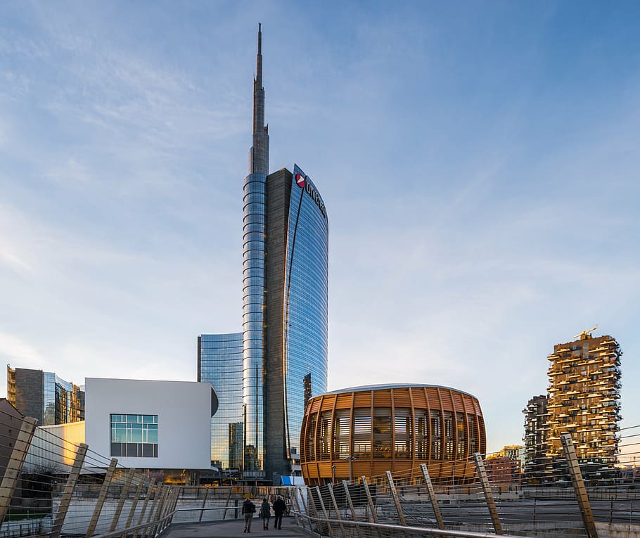 gray, high-rise, building, blue, skies, milan, italy, lombardy, fashion, business