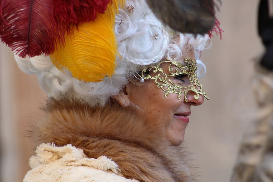 woman, wearing, gold mask, venice, carnival, mask, creativeness, costume, masks, disguise