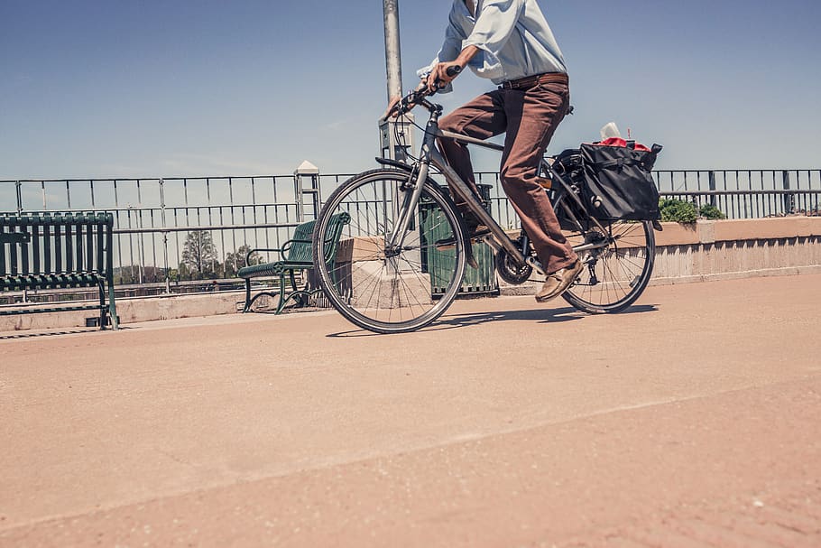 bike, bicycle, street, road, benches, railing, sunshine, man, guy, pants
