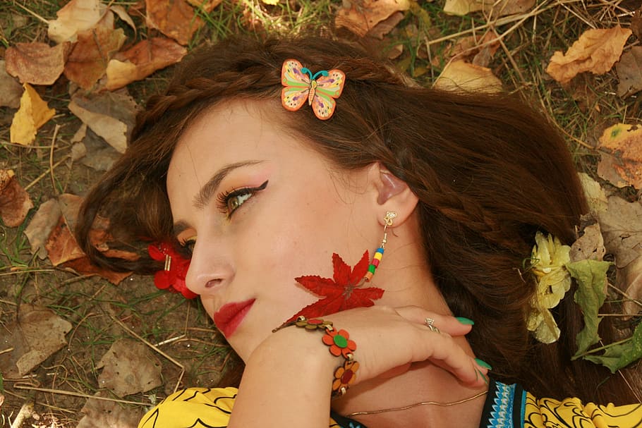 girl, autumn, leaves, portrait, vegetation, beauty, seductive, yellow, one person, headshot