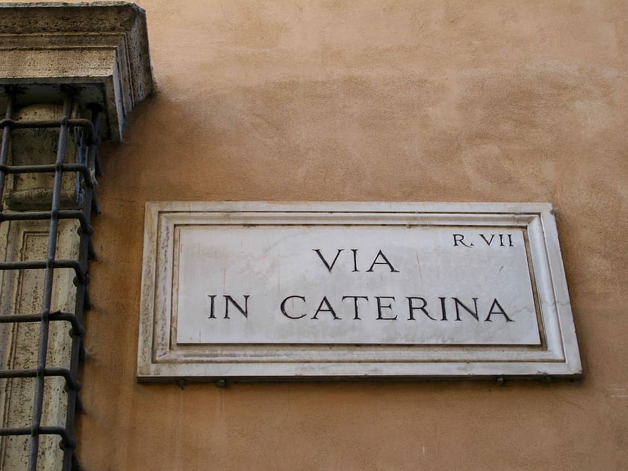 Roma, Placa de rua, Itália, Cidade, Italiano, arquitetônico, mármore, via in caterina, paisagem urbana, urbano