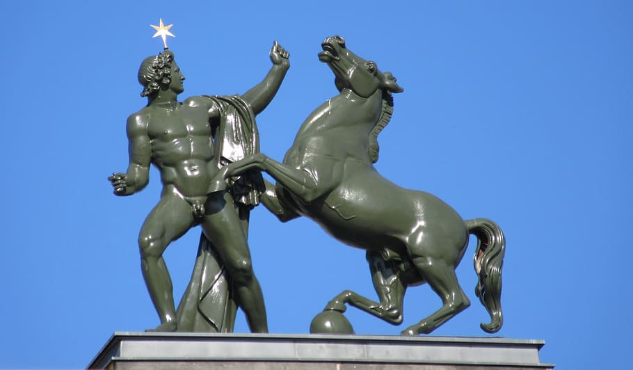 statue, apollo, helios, sculpture, museum, europe, germany, horse, representation, blue