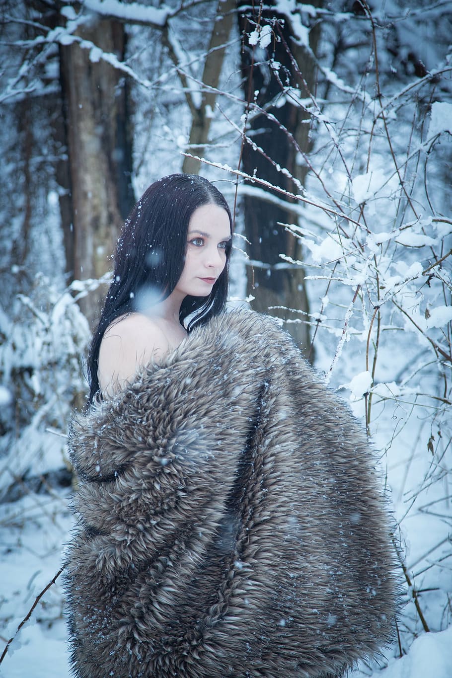 woman, wearing, brown, fur coat, standing, snow, covered, ground, trees, glamour