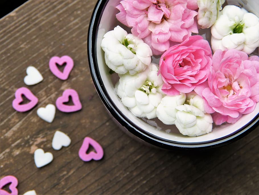 bowl, white, pink, petaled flowers, flowers, heart, cup, wood, love, invitation