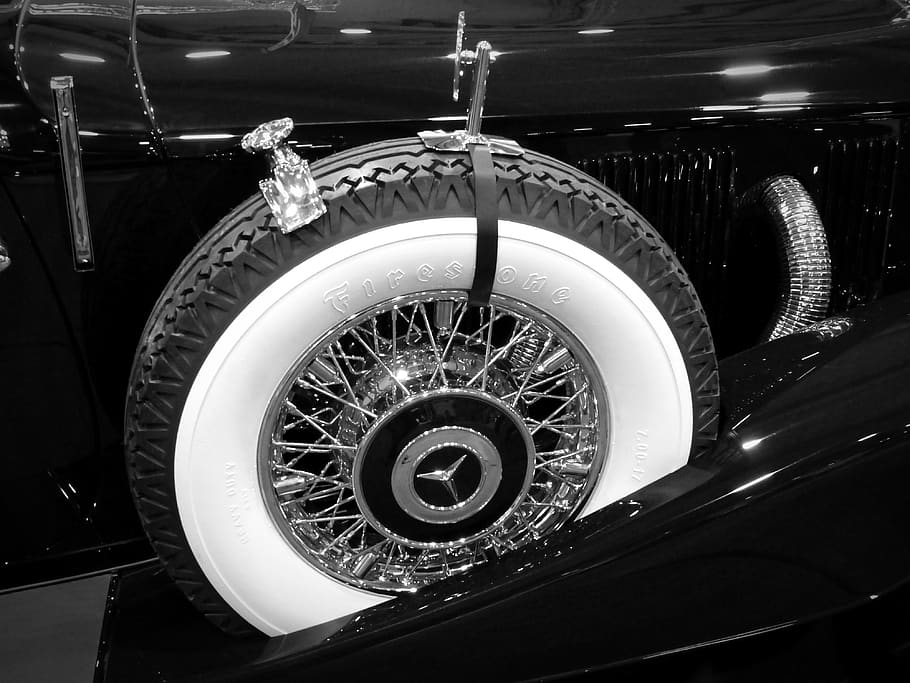 oldtimer, spare wheel, mercedes, classic, vintage car automobile, mercedes benz, car age, elegant, indoors, architecture