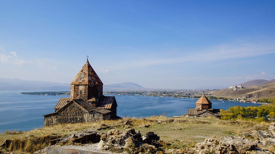 brown, house, blue, sea, clouds, Lake Sevan, Monastery, Church, Armenia, sevan