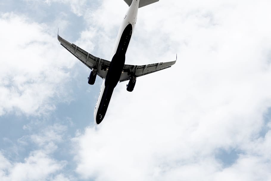 airplane, airline, travel, trip, blue, sky, flight, cloud - sky, flying, low angle view