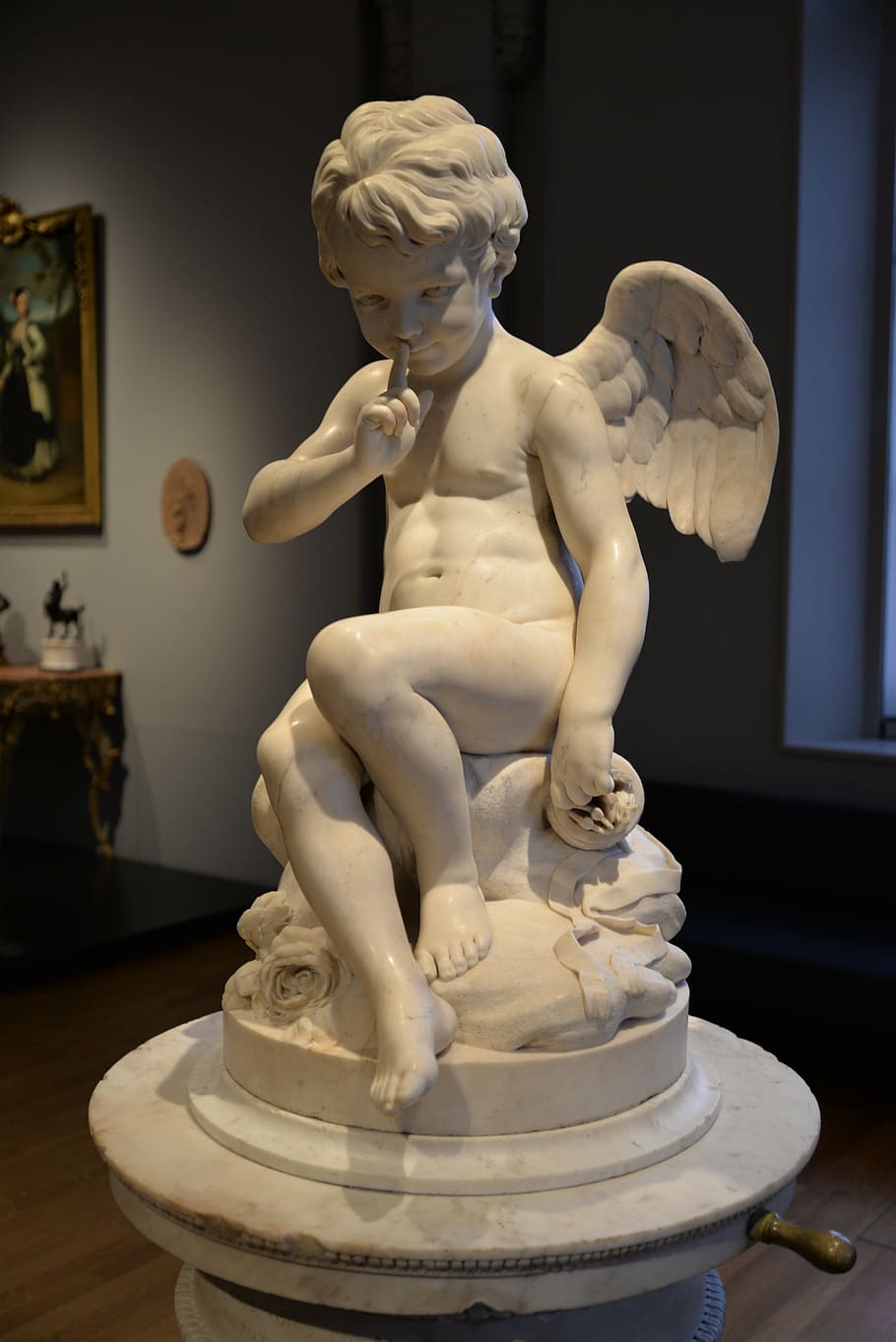 cherub wood, carved, display figure photography, angel, sculpture, silence, marble, museum, rijksmuseum, seated cupid