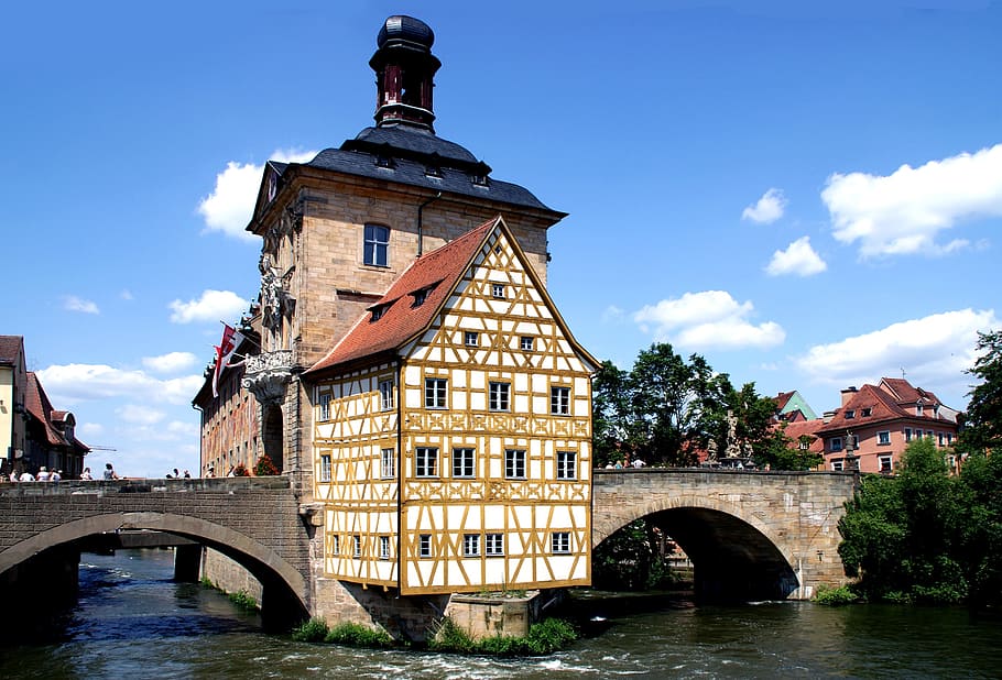 house, body, water, trees, Fachwerkhaus, River, Bridge, Middle Ages, romantic, bamberg