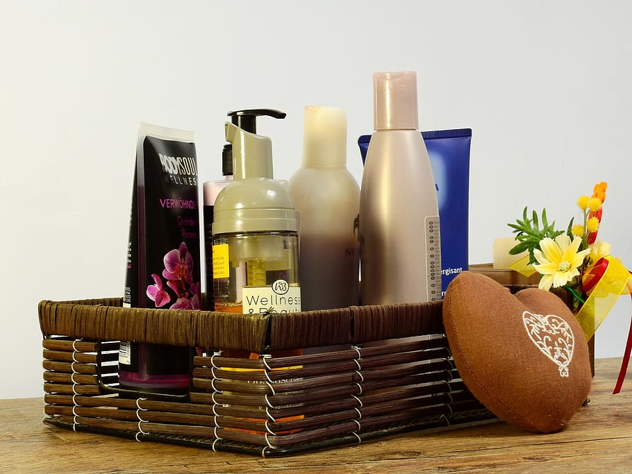 cosmetic, products, brown, wicker basket, Cosmetics, Deco, Decoration, Bad, gift, bathroom