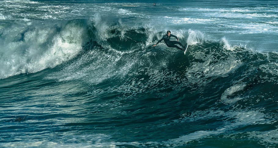 man, black, wetsuit surfing, big, wave, daytime, surfing, surfriding, surf-riding, surf ride