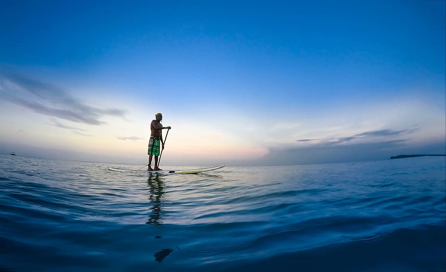 panoramic, photography, man, riding, paddle board, body, water, people, travel, adventure
