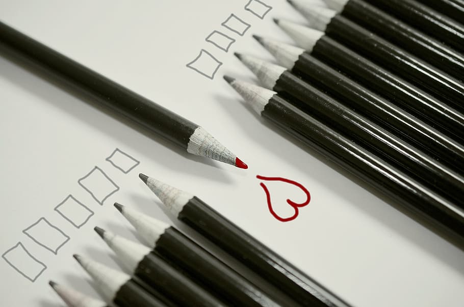 pencils, red, heartt, drawing, heart, red heart, be different, unequal, welcome, loving