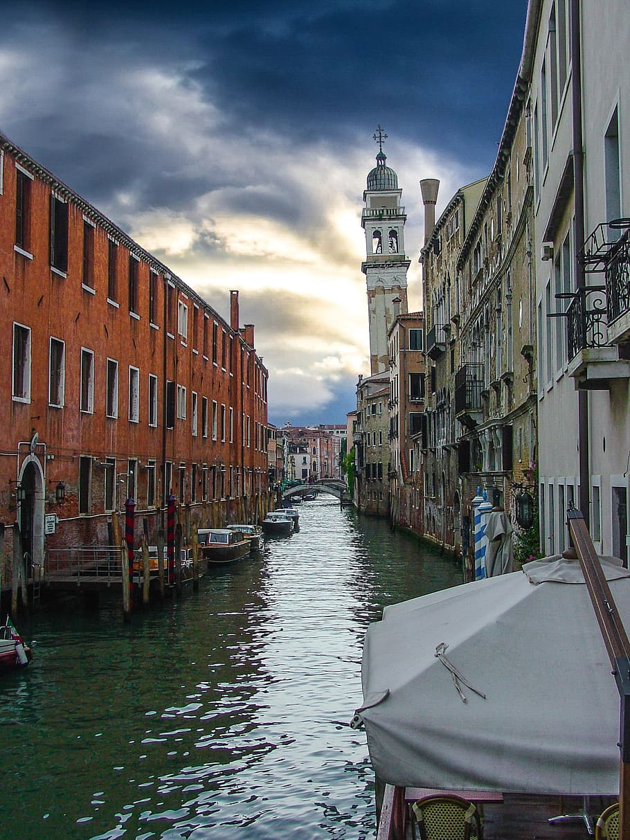 Veneza, Torre, Nublado, Nuvens, tempestade, canal, barcos, água, itália, italiano