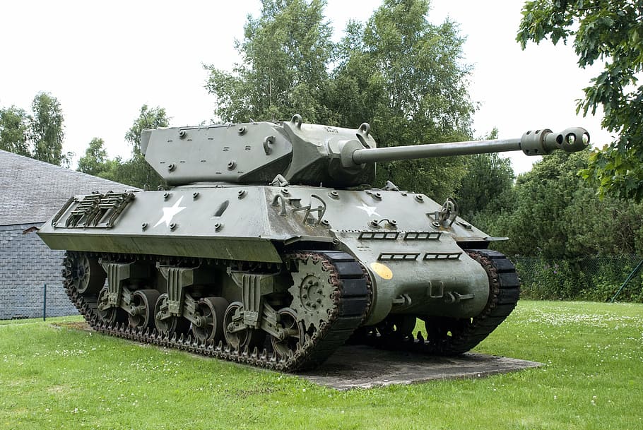 verde, tanque de batalla, estacionado, césped, árboles, bastogne, bélgica, las ardenas, batalla del bulto, destructor de tanques m10 destructor de tanques