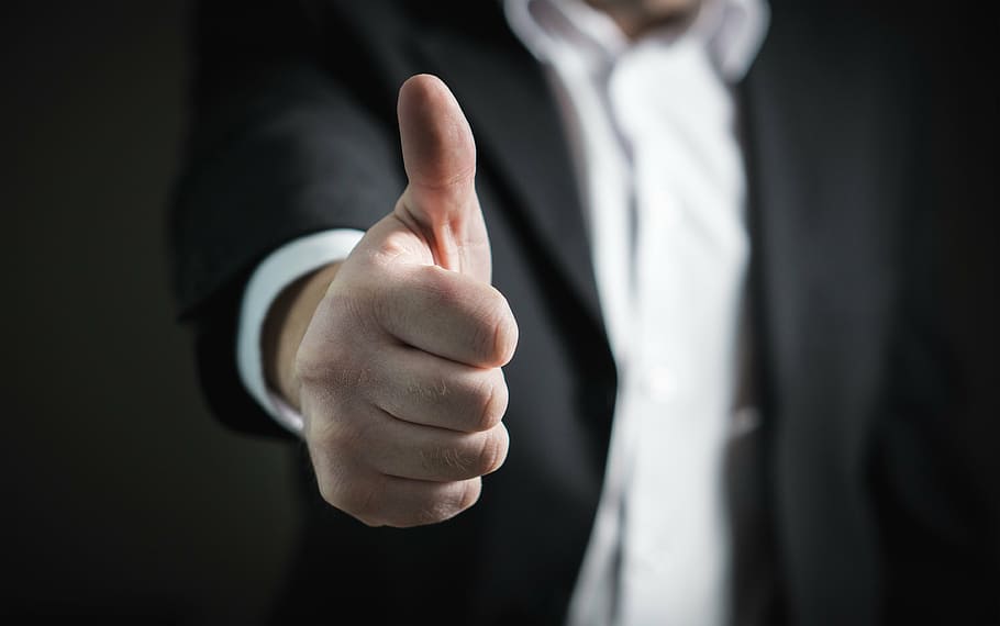 man, rising, right thumb, businessman, thumbs up, success, hand, business, giving, agreement