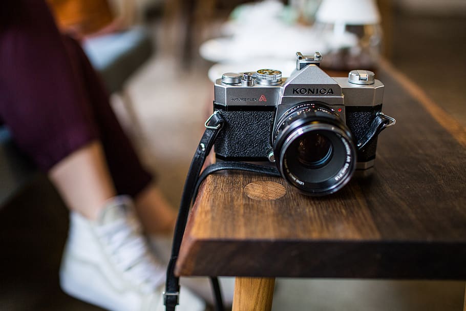 camera, accessory, konica, outdoor, travel, wooden, bench, blur, photography themes, table