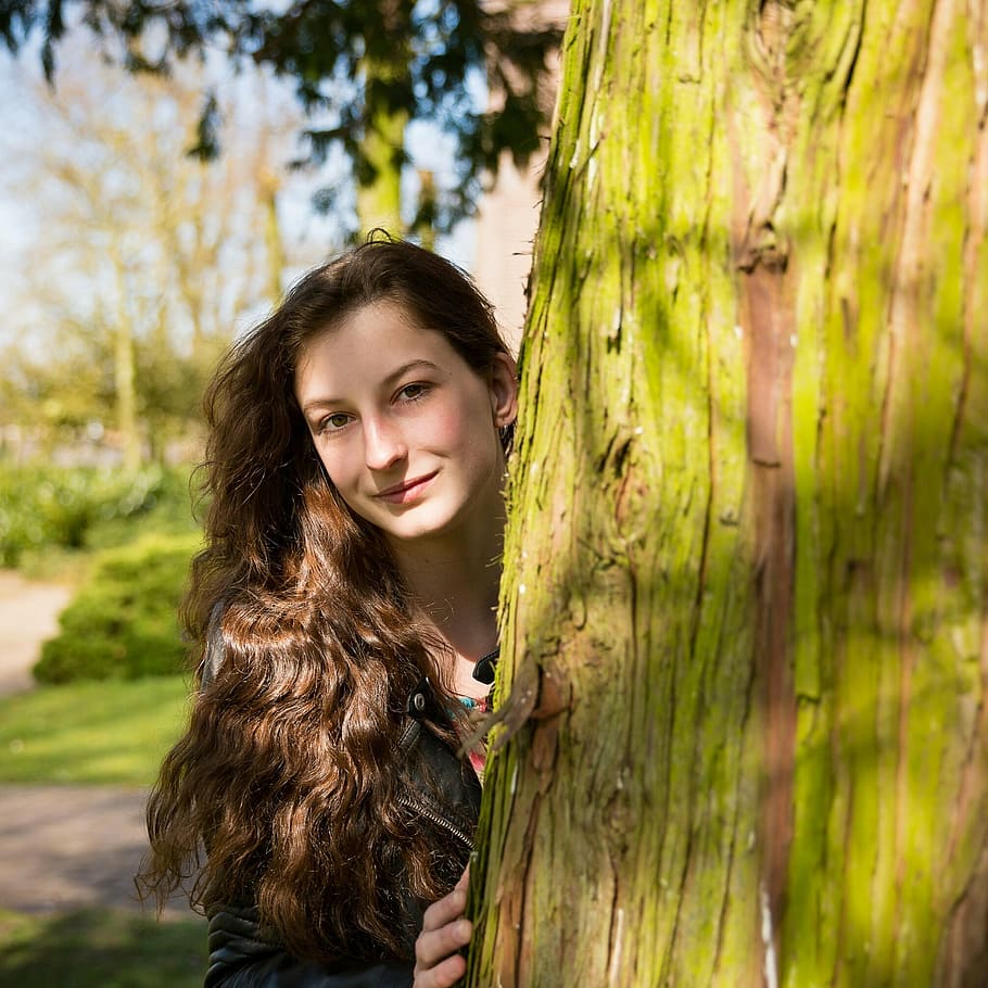woman, standing, behind, tree, girl, outdoor, youth, face, faces, teen